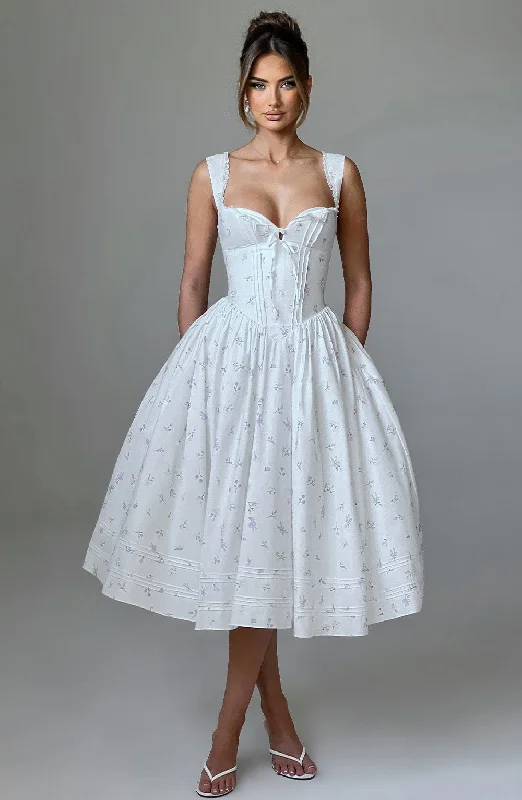 Midi dresses with side slits for a sexy and elegant appearance Marlena Midi Dress - White Multi Floral Print Midi dresses with side slits for a sexy and elegant appearance Marlena Midi Dress - White Multi Floral Print