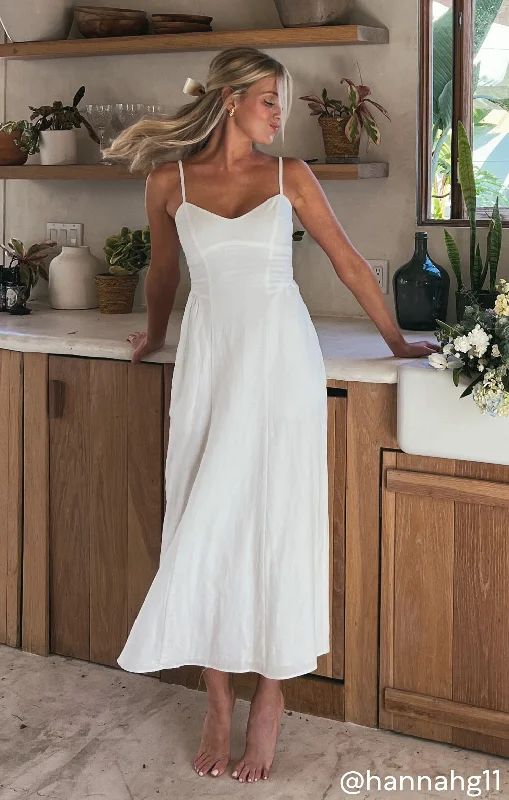 Midi dresses with one - shoulder designs for a modern and asymmetric style Allegra Midi Dress ~ White Linen Midi dresses with one - shoulder designs for a modern and asymmetric style Allegra Midi Dress ~ White Linen