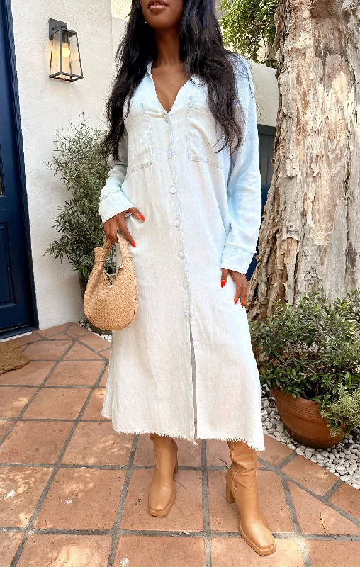 Midi dresses with satin - finish fabrics for a luxurious feel Wilmington Long Shirt Dress ~ Light Chambray Midi dresses with satin - finish fabrics for a luxurious feel Wilmington Long Shirt Dress ~ Light Chambray