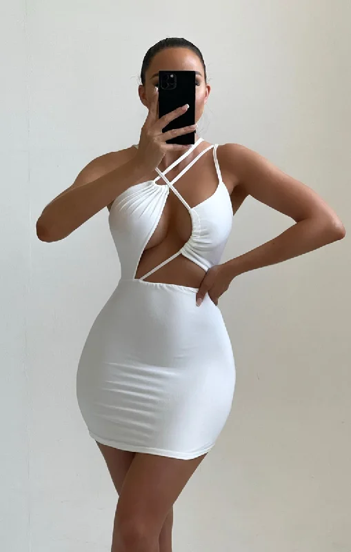 Mini dresses with abstract prints for an artistic look White Strappy Cut Out Bodycon Mini Dress - Ria Mini dresses with abstract prints for an artistic look White Strappy Cut Out Bodycon Mini Dress - Ria