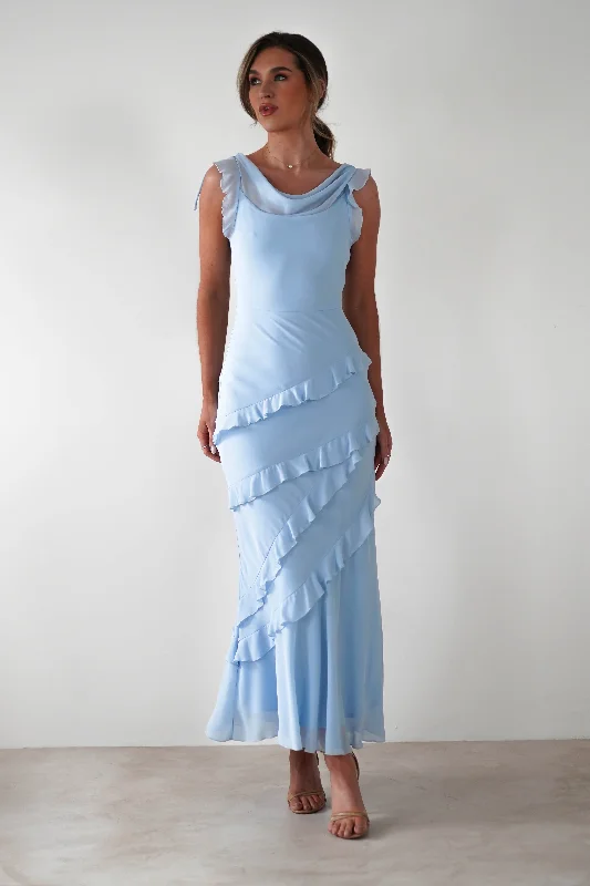Midi dresses with button - front designs for a classic touch Lauretta Ruffle Chiffon Maxi Dress | Blue Midi dresses with button - front designs for a classic touch Lauretta Ruffle Chiffon Maxi Dress | Blue