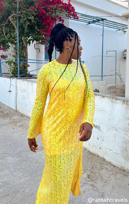 Midi dresses with side slits for a sexy and elegant appearance Calypso Midi Dress ~ Yellow Sequins Midi dresses with side slits for a sexy and elegant appearance Calypso Midi Dress ~ Yellow Sequins