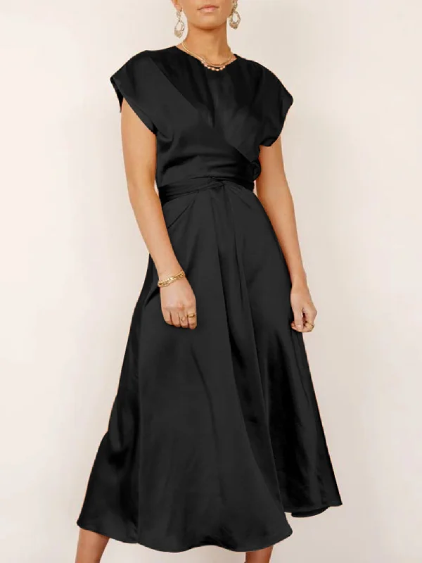 Plaid midi dresses for a fall - themed family gathering Juliet Cross Sashes Solid Satin O-Neck Sleeveless Long Dress Plaid midi dresses for a fall - themed family gathering Juliet Cross Sashes Solid Satin O-Neck Sleeveless Long Dress