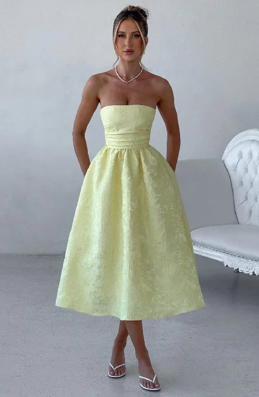 Sheath midi dresses with beaded embellishments for a formal occasion Saoirse Midi Dress - Lemon Sheath midi dresses with beaded embellishments for a formal occasion Saoirse Midi Dress - Lemon