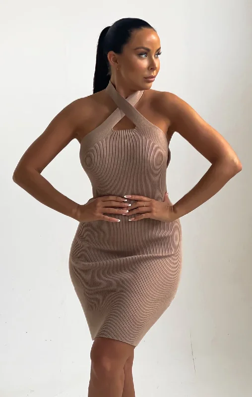 Mini dresses with patchwork designs for a unique style Stone Knitted Cut Out Crossover Halter Neck Bodycon Mini Dress - Elena Mini dresses with patchwork designs for a unique style Stone Knitted Cut Out Crossover Halter Neck Bodycon Mini Dress - Elena