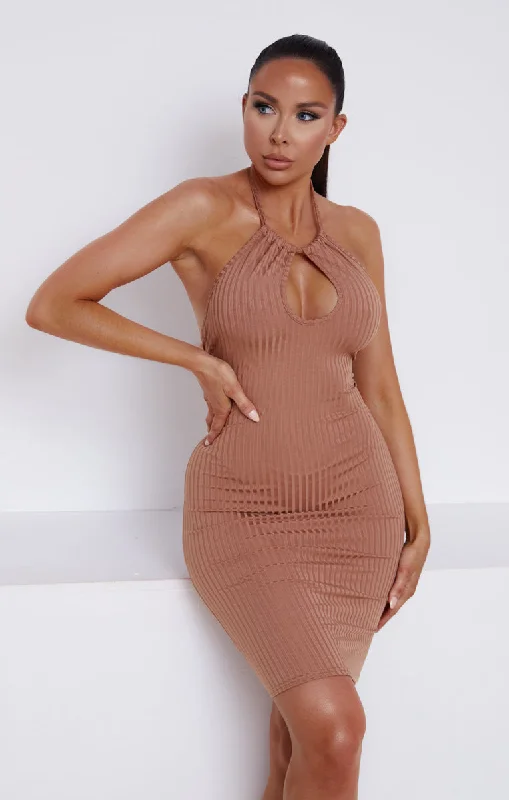 Mini dresses with belted waists for a defined silhouette Taupe Ribbed Halter Neck Cut Out Bodycon Mini Dress - Amara Mini dresses with belted waists for a defined silhouette Taupe Ribbed Halter Neck Cut Out Bodycon Mini Dress - Amara