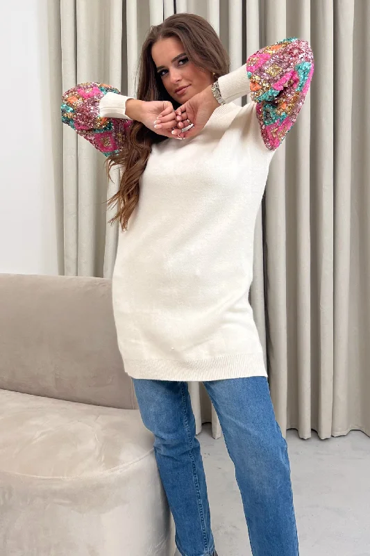 Polyester mini dresses for easy care Bethany Sequin Knitted Jumper Dress Cream