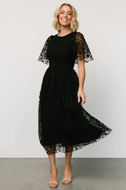 Midi dresses with satin - finish fabrics for a luxurious feel Kendra Embroidered Dress | Black Midi dresses with satin - finish fabrics for a luxurious feel Kendra Embroidered Dress | Black