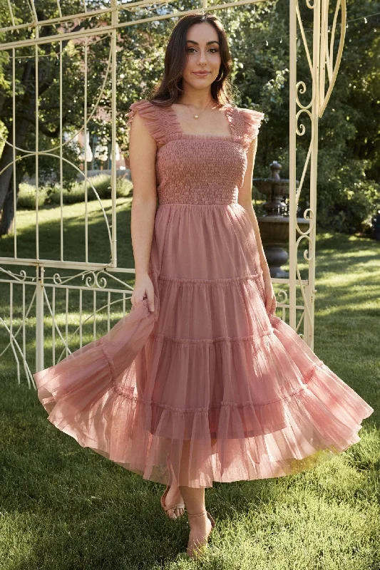 Midi dresses with ribbed textures for a unique and tactile appearance Emma Smocked Tulle Dress | Dusty Rose Midi dresses with ribbed textures for a unique and tactile appearance Emma Smocked Tulle Dress | Dusty Rose