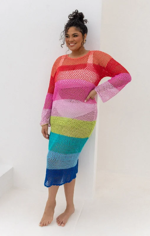 Midi dresses with lace - up fronts for a unique and adjustable style Paula Midi Coverup ~ Stripe Crochet Midi dresses with lace - up fronts for a unique and adjustable style Paula Midi Coverup ~ Stripe Crochet