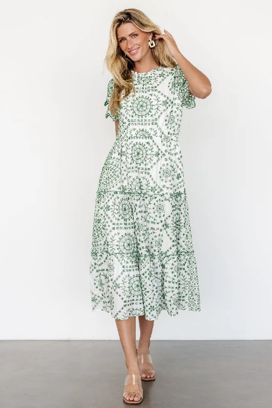 Midi dresses with gathered skirts for a full and flowing silhouette Mirabel Eyelet Midi Dress | White + Green Midi dresses with gathered skirts for a full and flowing silhouette Mirabel Eyelet Midi Dress | White + Green