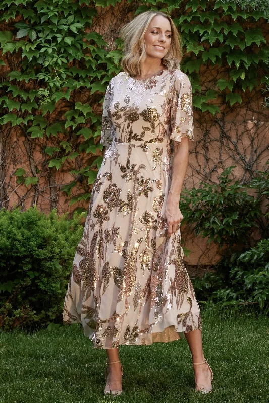 Midi dresses with patchwork patterns for a one - of - a - kind style Lucy Sequin Dress | Rose Gold