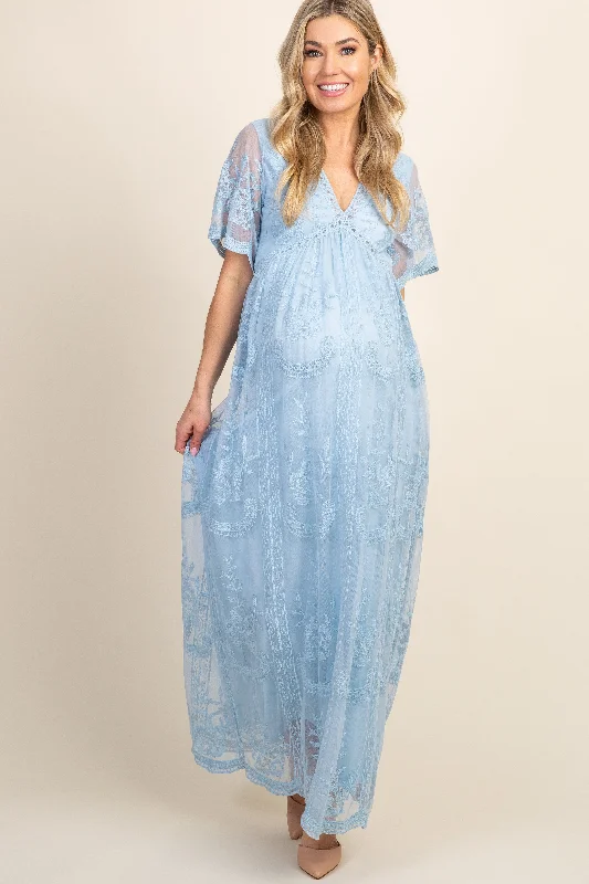 Midi dresses with belted waists to accentuate the figure PinkBlush Light Blue Lace Mesh Overlay Maternity Maxi Dress Midi dresses with belted waists to accentuate the figure PinkBlush Light Blue Lace Mesh Overlay Maternity Maxi Dress
