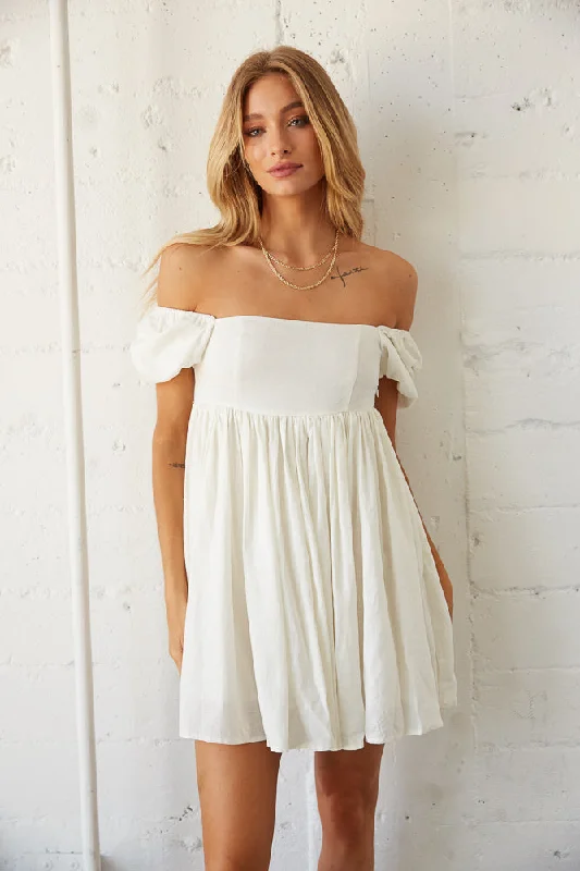 Leather mini dresses for a edgy style Jasmine Linen Puff Sleeve Babydoll Dress