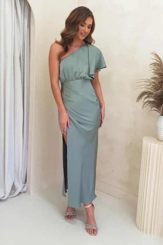 Midi dresses with pom - pom trims for a playful and festive look Jenna Soft Satin One Shoulder Maxi | Olive