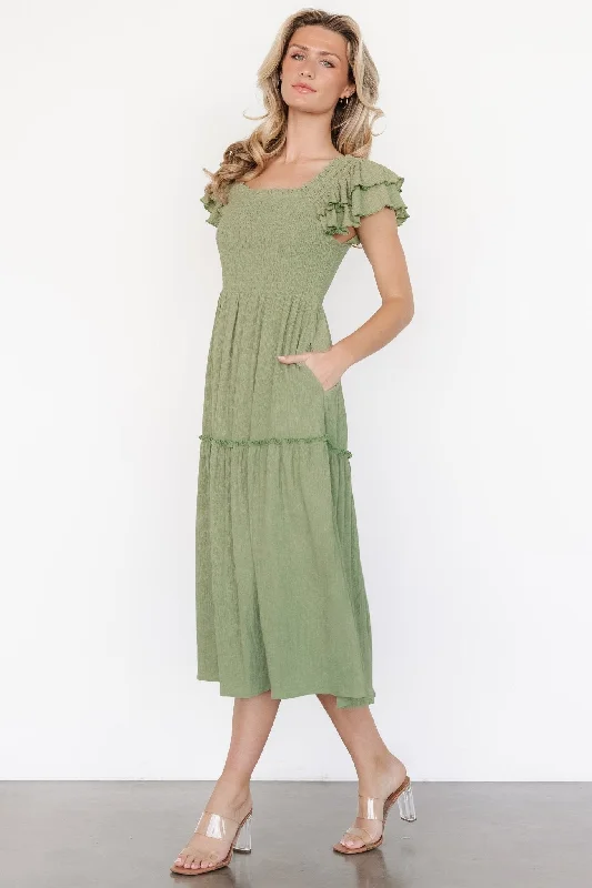 Maxi - inspired midi dresses with flowing fabrics for a beachy vibe Jacie Smocked Midi Dress | Sage Maxi - inspired midi dresses with flowing fabrics for a beachy vibe Jacie Smocked Midi Dress | Sage