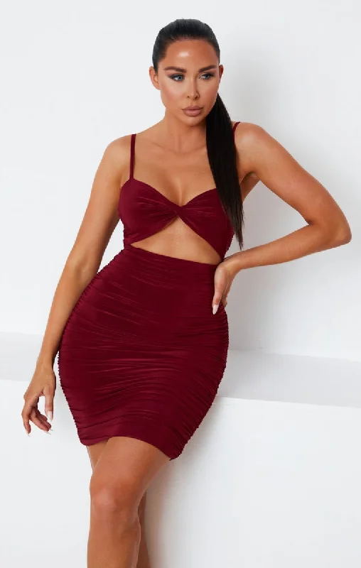Mini dresses with puff sleeves for a vintage look Wine Slinky Ruched Cut Out Strappy Bodycon Mini Dress - Mina Mini dresses with puff sleeves for a vintage look Wine Slinky Ruched Cut Out Strappy Bodycon Mini Dress - Mina