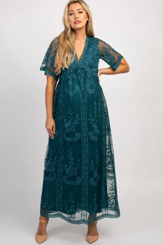 Midi dresses with gathered skirts for a full and flowing silhouette Dark Turquoise Lace Mesh Overlay Maternity Maxi Dress Midi dresses with gathered skirts for a full and flowing silhouette Dark Turquoise Lace Mesh Overlay Maternity Maxi Dress
