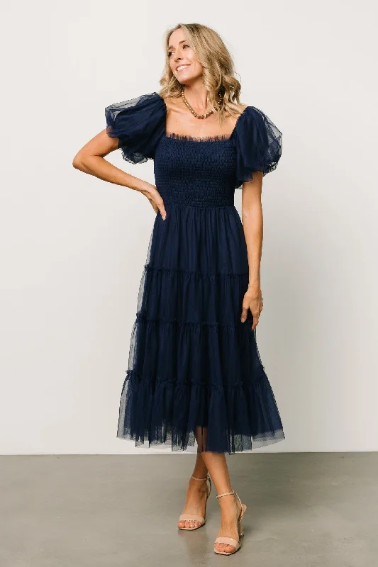 Midi dresses with mesh inserts for a trendy and breathable option Liv Tulle Midi Dress | Navy Midi dresses with mesh inserts for a trendy and breathable option Liv Tulle Midi Dress | Navy