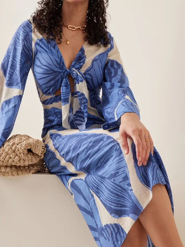Midi dresses with mesh inserts for a trendy and breathable option Helena V-Neck Hollow Out Floral Print Midi Dress