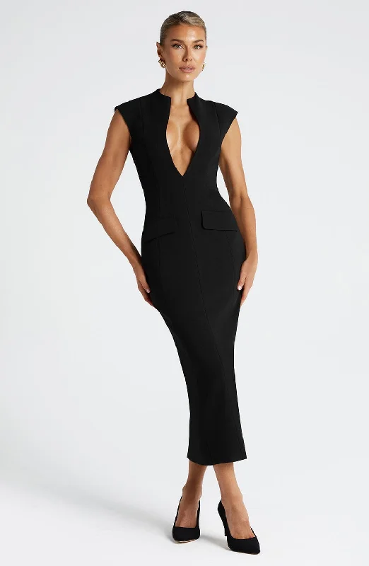 Midi dresses with cold - shoulder cutouts for a trendy style Nellie Midi Dress - Black Midi dresses with cold - shoulder cutouts for a trendy style Nellie Midi Dress - Black