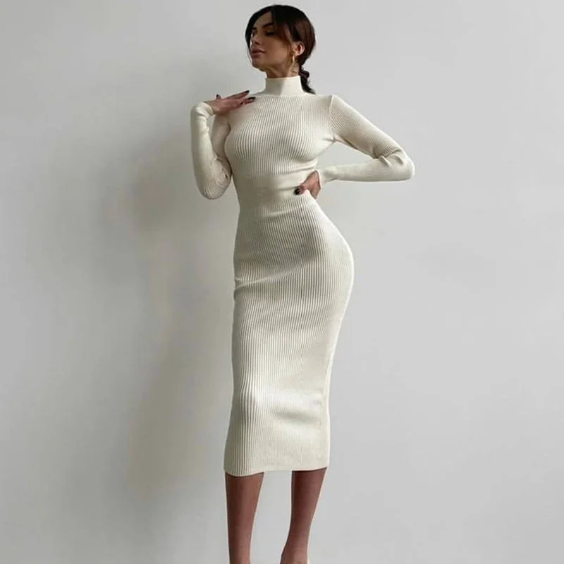 Midi dresses with ruched sleeves for a more fitted and stylish arm look Emma Long Sleeve High Neck Knitted Midi Dress Midi dresses with ruched sleeves for a more fitted and stylish arm look Emma Long Sleeve High Neck Knitted Midi Dress