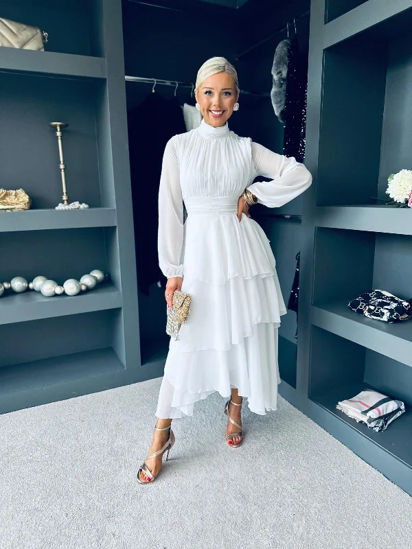Midi dresses with ruched sleeves for a more fitted and stylish arm look Remi Layered Occasion Midi Dress White Midi dresses with ruched sleeves for a more fitted and stylish arm look Remi Layered Occasion Midi Dress White