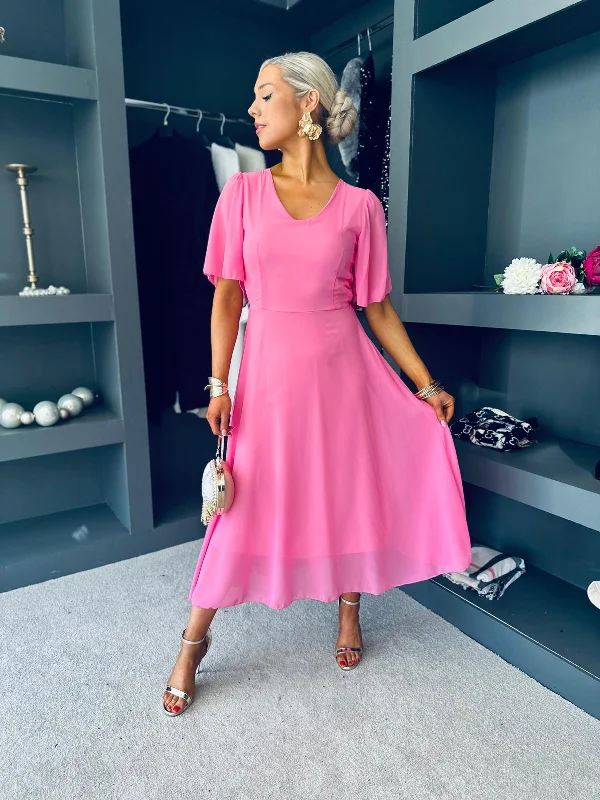 Wrap - style midi dresses in silk for a sophisticated office look Clodagh V Neck Midi Dress Pink Wrap - style midi dresses in silk for a sophisticated office look Clodagh V Neck Midi Dress Pink