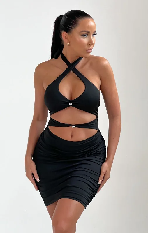 Mini dresses with cut - out details for a trendy look Black Cut Out Bodycon Mini Dress - Cristal Mini dresses with cut - out details for a trendy look Black Cut Out Bodycon Mini Dress - Cristal