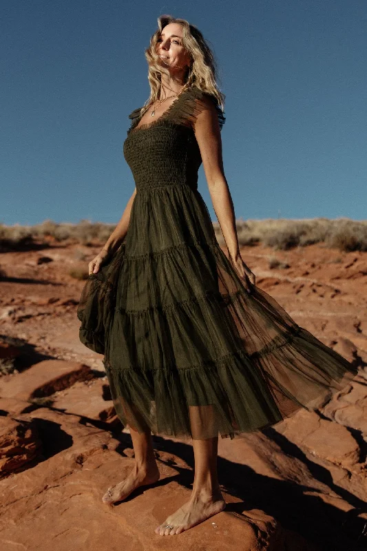 Midi dresses with pleated skirts for a timeless and elegant appeal Emma Smocked Tulle Dress | Dark Olive Midi dresses with pleated skirts for a timeless and elegant appeal Emma Smocked Tulle Dress | Dark Olive