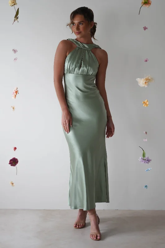 Midi dresses with ruched sleeves for a more fitted and stylish arm look Lauryn Halter Neck Maxi Dress | Sage Midi dresses with ruched sleeves for a more fitted and stylish arm look Lauryn Halter Neck Maxi Dress | Sage