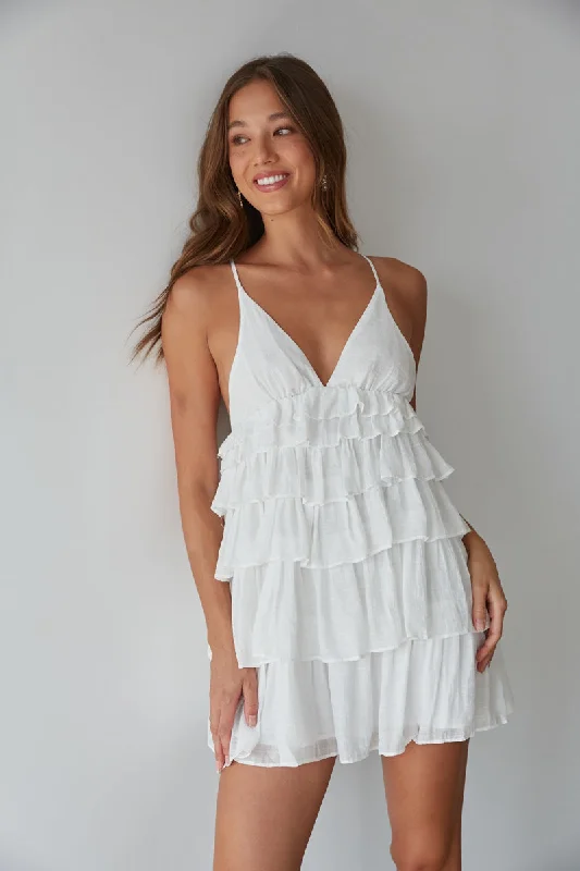 Mini dresses with criss - cross backs for a flirty look Boardwalk Tiered Ruffle Tie Back Mini Dress