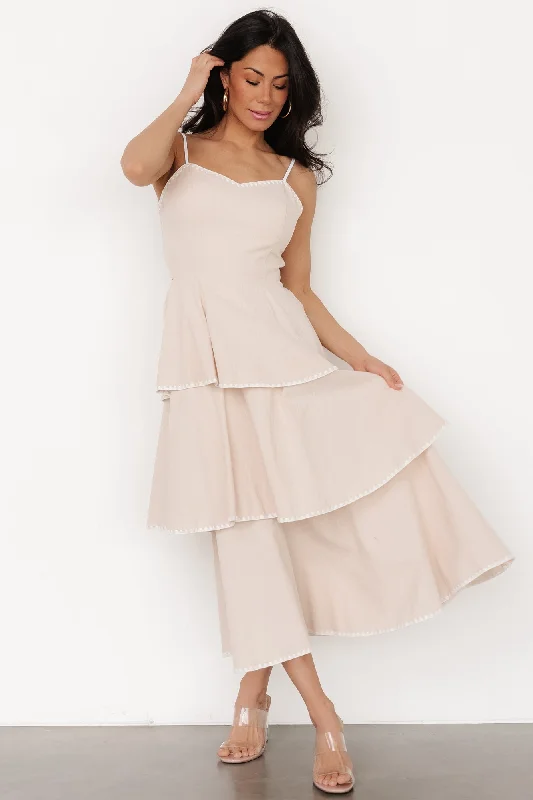 Midi dresses with asymmetric hems for a fashion - forward and dynamic appearance Odette Tiered Dress | Natural + White Midi dresses with asymmetric hems for a fashion - forward and dynamic appearance Odette Tiered Dress | Natural + White