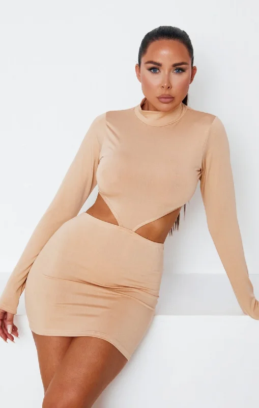 Printed mini dresses for a casual day out Stone High Neck Long Sleeve Cut Out Side Bodycon Mini Dress - Saanvi Printed mini dresses for a casual day out Stone High Neck Long Sleeve Cut Out Side Bodycon Mini Dress - Saanvi