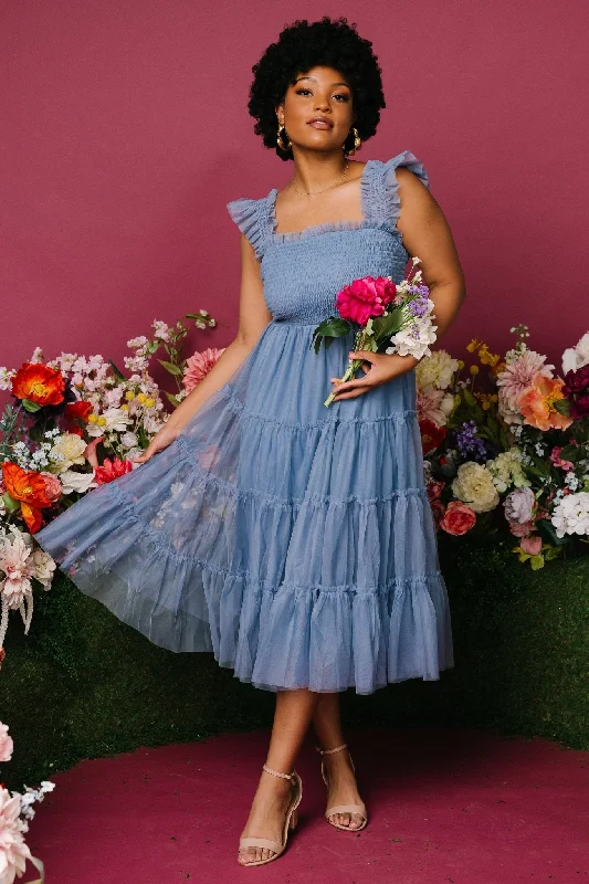 Midi dresses with empire waists for a flattering maternity option Emma Smocked Tulle Dress | Slate Blue Midi dresses with empire waists for a flattering maternity option Emma Smocked Tulle Dress | Slate Blue