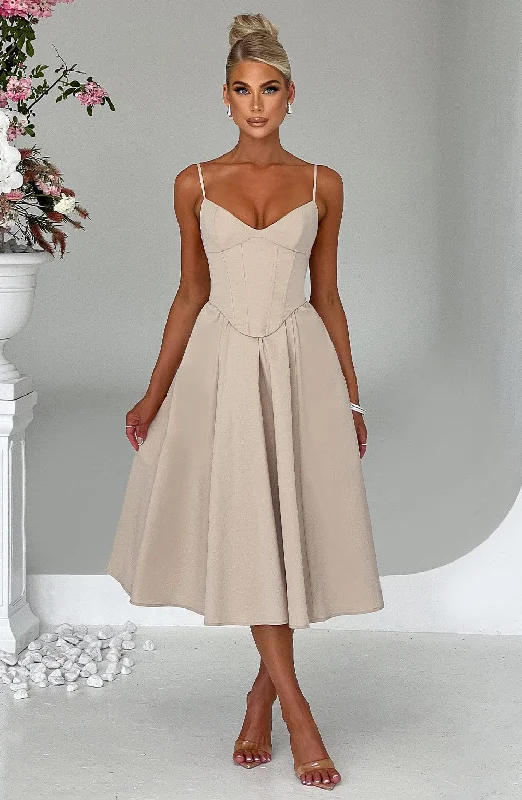Midi dresses with pleated skirts for a timeless and elegant appeal Mariella Midi Dress - Beige Midi dresses with pleated skirts for a timeless and elegant appeal Mariella Midi Dress - Beige