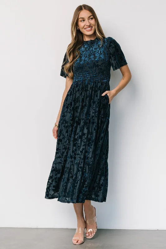Midi dresses with pom - pom trims for a playful and festive look Callen Smocked Velvet Dress | Deep Blue Midi dresses with pom - pom trims for a playful and festive look Callen Smocked Velvet Dress | Deep Blue