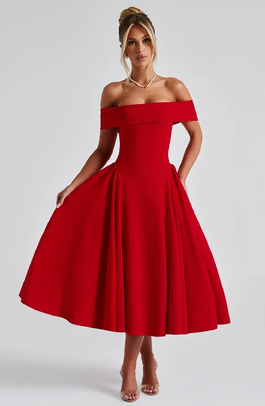 Midi dresses with ruched sleeves for a more fitted and stylish arm look Miranda Midi Dress - Red Midi dresses with ruched sleeves for a more fitted and stylish arm look Miranda Midi Dress - Red