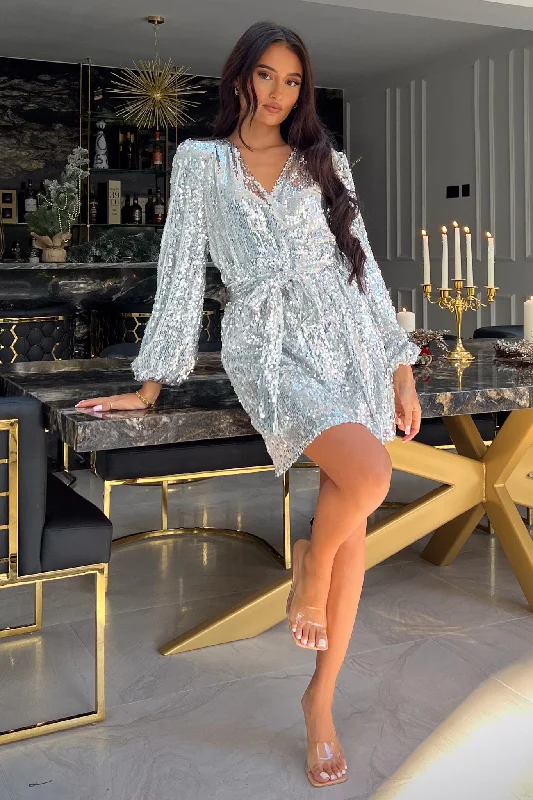 Mini dresses with geometric prints for a modern aesthetic Annie Silver Sequin Wrap Mini Dress Mini dresses with geometric prints for a modern aesthetic Annie Silver Sequin Wrap Mini Dress
