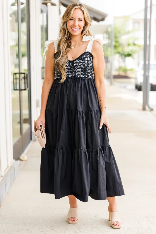 Midi dresses with pleated bodices for a classic and tailored look Midnight Garden Dress, Black Midi dresses with pleated bodices for a classic and tailored look Midnight Garden Dress, Black