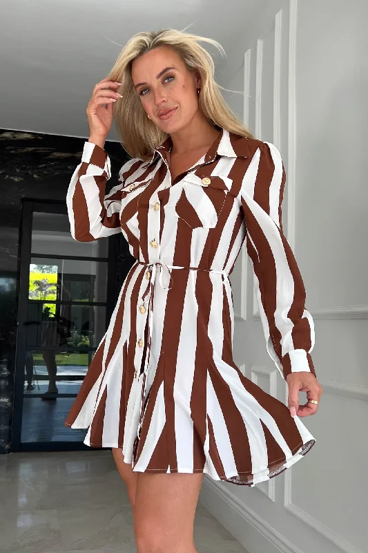 Mini dresses with off - the - shoulder styles Francis Brown Stripe Collar Shirt Skater Dress Mini dresses with off - the - shoulder styles Francis Brown Stripe Collar Shirt Skater Dress