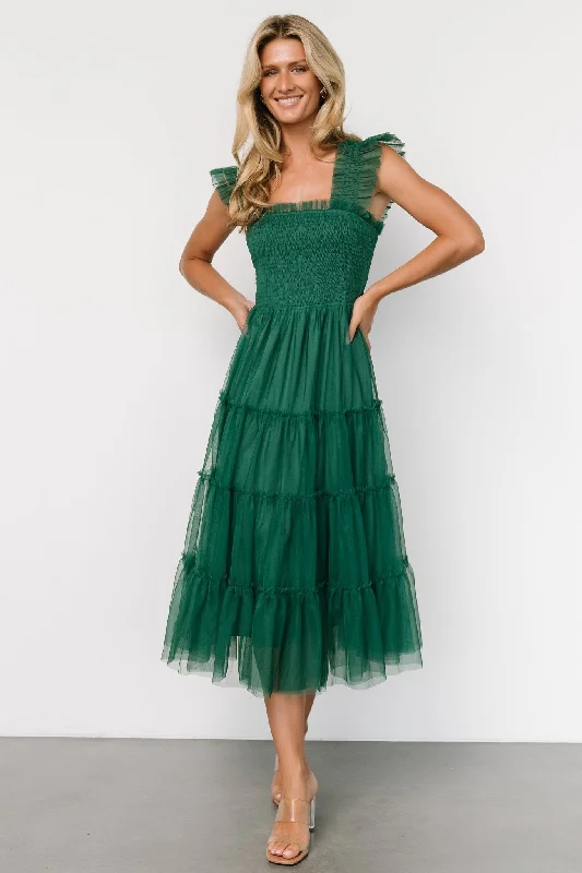 Midi dresses with off - the - shoulder necklines for a flirty look Emma Smocked Tulle Dress | Emerald Midi dresses with off - the - shoulder necklines for a flirty look Emma Smocked Tulle Dress | Emerald