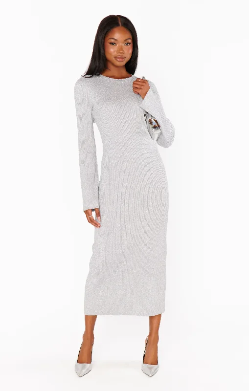 Midi dresses with sheer panels for a touch of allure City Dress ~ Silver Shimmer Knit Midi dresses with sheer panels for a touch of allure City Dress ~ Silver Shimmer Knit