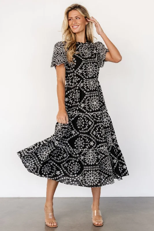 Midi dresses with V - necklines for a flattering and elongating effect Mirabel Eyelet Midi Dress | Black + White Midi dresses with V - necklines for a flattering and elongating effect Mirabel Eyelet Midi Dress | Black + White