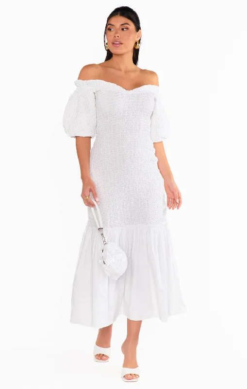 Midi dresses with off - the - shoulder necklines for a flirty look Rom Com Midi Dress ~ White Texture Stretch Midi dresses with off - the - shoulder necklines for a flirty look Rom Com Midi Dress ~ White Texture Stretch