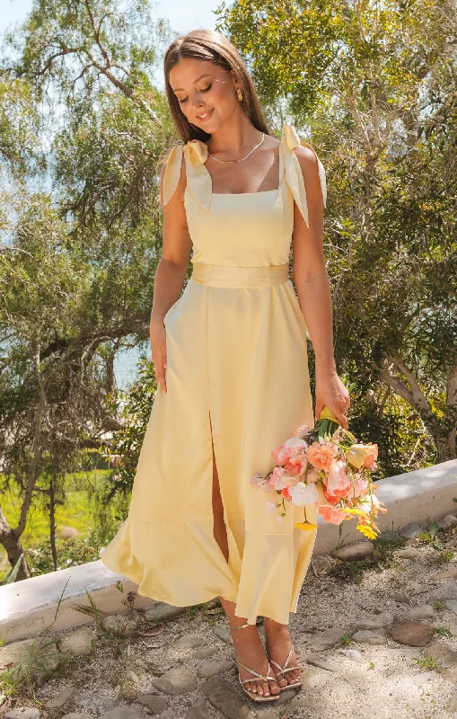 Midi dresses with abstract art prints for an artistic statement Garden Midi Dress ~ Pale Yellow Luxe Satin Midi dresses with abstract art prints for an artistic statement Garden Midi Dress ~ Pale Yellow Luxe Satin