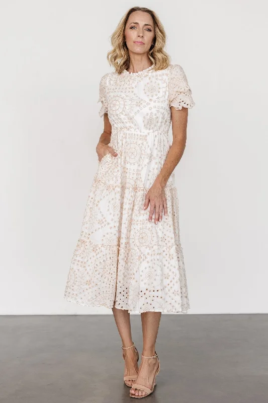 Midi dresses with polka dot prints for a playful summer outfit Mirabel Eyelet Midi Dress | White + Natural Midi dresses with polka dot prints for a playful summer outfit Mirabel Eyelet Midi Dress | White + Natural