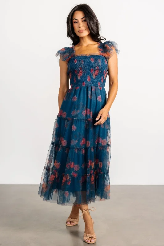 A - line midi dresses with floral prints for spring brunches Clementine Tulle Midi Dress | Persian Blue + Rust