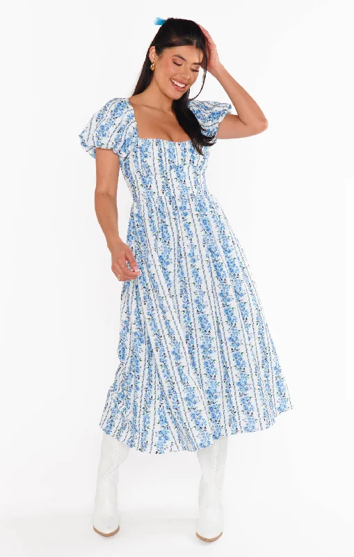Midi dresses with asymmetric hems for a fashion - forward and dynamic appearance Belle Midi Dress ~ Blue Bliss Stripe Midi dresses with asymmetric hems for a fashion - forward and dynamic appearance Belle Midi Dress ~ Blue Bliss Stripe