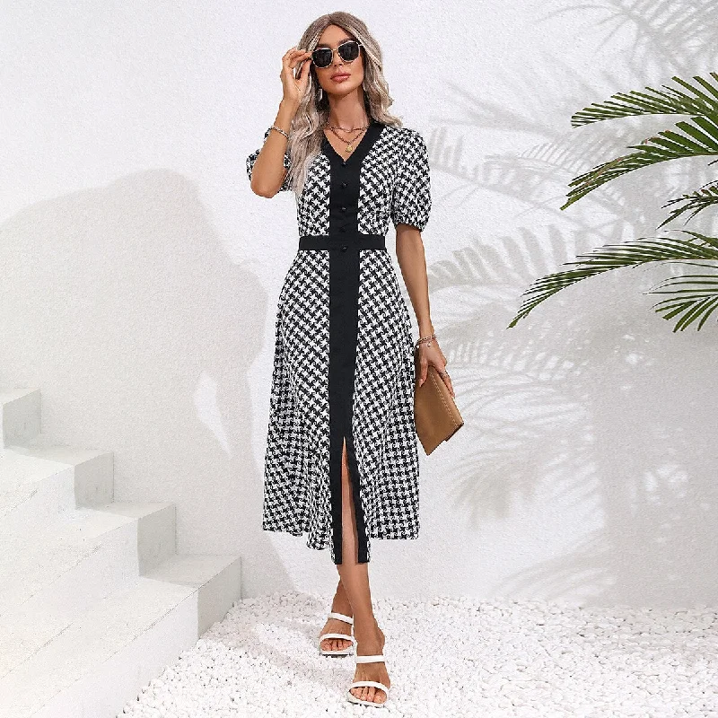 Midi dresses with lace - up fronts for a unique and adjustable style Janice Summer Casual Puff Sleeve Slit Midi Dress Midi dresses with lace - up fronts for a unique and adjustable style Janice Summer Casual Puff Sleeve Slit Midi Dress